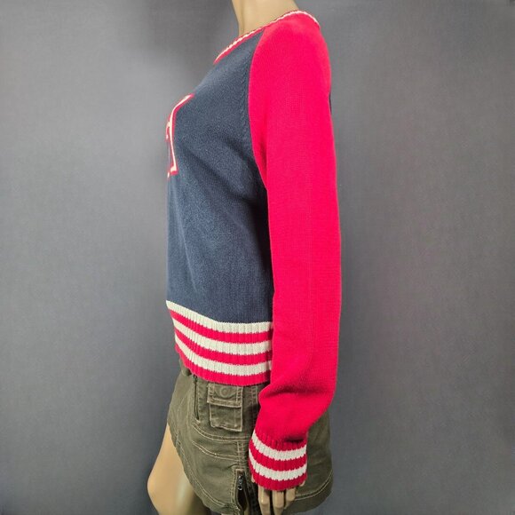 Vintage 90s Y2K Varsity Sweater Blokette Preppy Retro Size XL Blue Red Cotton - Picture 6 of 11